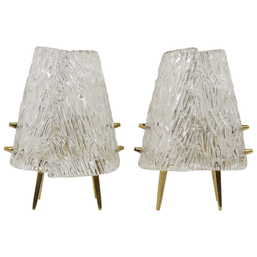 Zwei J.T. Kalmar Tischlampen aus Messing und strukturiertem Glas, Mid-Century, Österreich, 1950er-Jahre