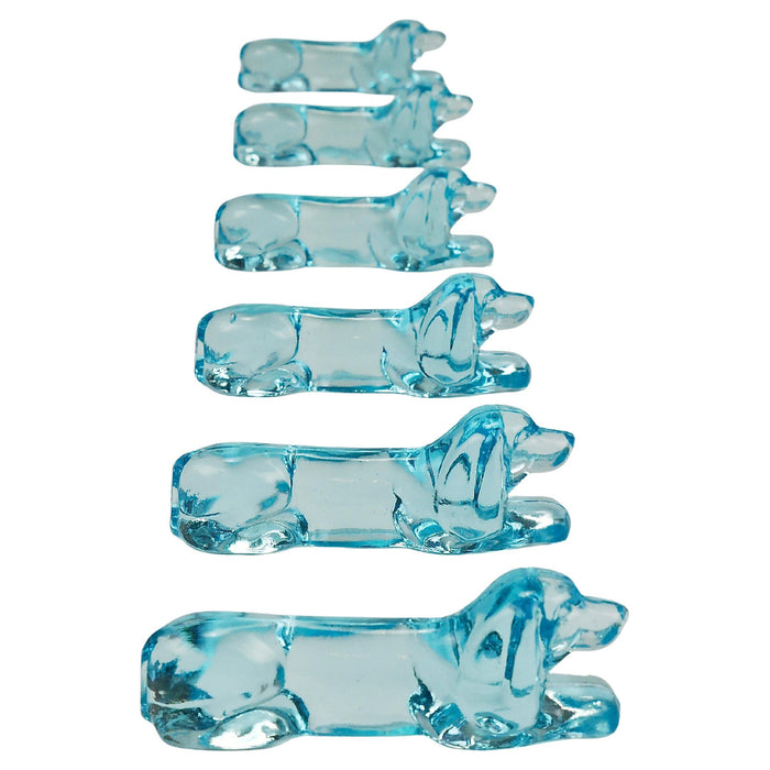 6 französische Art déco Messerbänkchen in Dachshund-/Basset-Hound-Form, hellblaues Glas, 1930er-Jahre